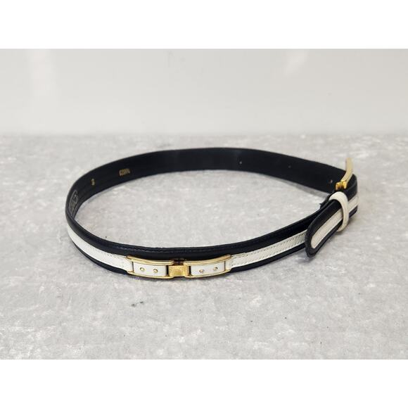 Vintage CARLISLE Womens Leather Black w White Gold Buckle Belt-Size XS